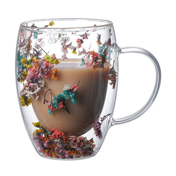 LILIANG Dry Flowers Double Wall Glass Coffee Mugs Clear Cups for Cappuccino Tea Espresso Latte Hot Beverages Glasses