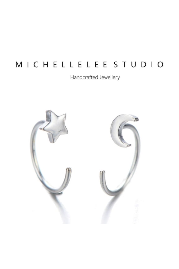 Sterling Silver Moon and Star Huggie Hoop Earrings, Minimalist Earrings Gift for Women