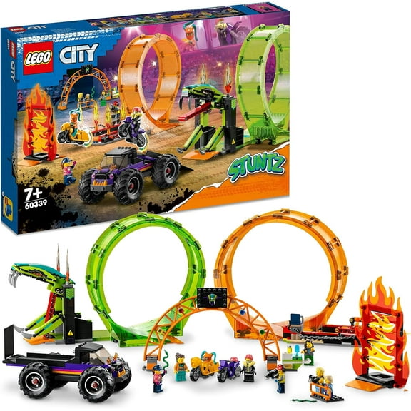 LILIUPENG City Stuntz Double Looping Stunt Arena Construction Set, Construction Toy with Stunt Motor, Monster Truck and Sconce; Gift Idea for Kids, Boys and Girls 60339