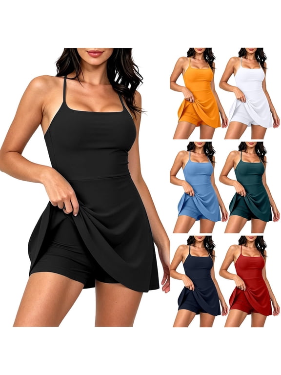 Athletic Tennis Dress for Women with Shorts Sleeveless Underneath Easy Peezy U Neck Spaghetti Straps Workout Sundress Built-in Bra Mini Dress Casual Summer Outfit