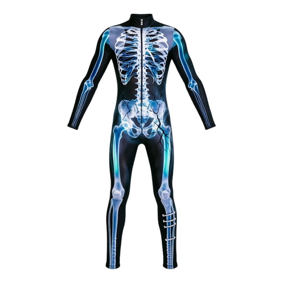 LILIYA Boys Halloween Full Body Suit, 3D Skeleton Print Luminous Zip up Onesie with Hood, Soft Stretchy Jumpsuit for Halloween Party Performance and Holiday Fun 9-10 Years