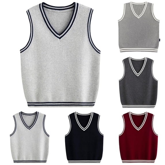 LILIYA Boys' Uniform Sweater Vest V-Neck Striped Collar School Uniform Preppy Warm Sleeveless Jacket Pullover Comfortable First Day of School Casual Wea
