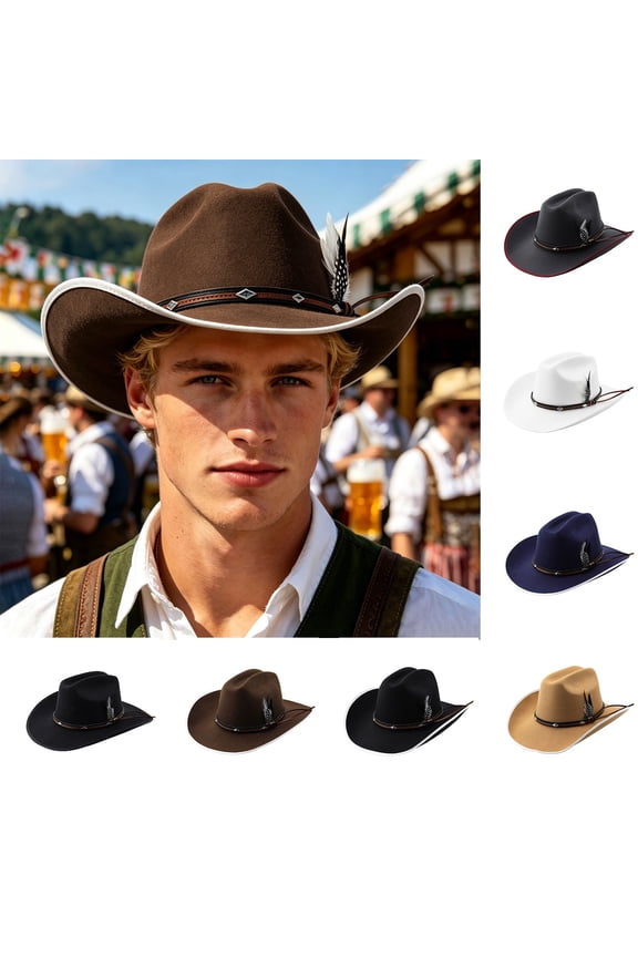 Brown Cowboy Hat for Men Women, Vintage Wide Brim Western Felt Headwear with Decorative Band, Packable Travel Hats Soft Sun Protection Casual Headwear