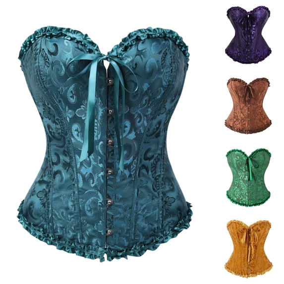 LILIYA Corset Tops for Women, Teal Ruffle Hem Overbust Bustier Shapewear with Front Button Closure, Elegant Waist Cincher Bodysuit for Halloween Party and Night Out Events, Stylish Corset