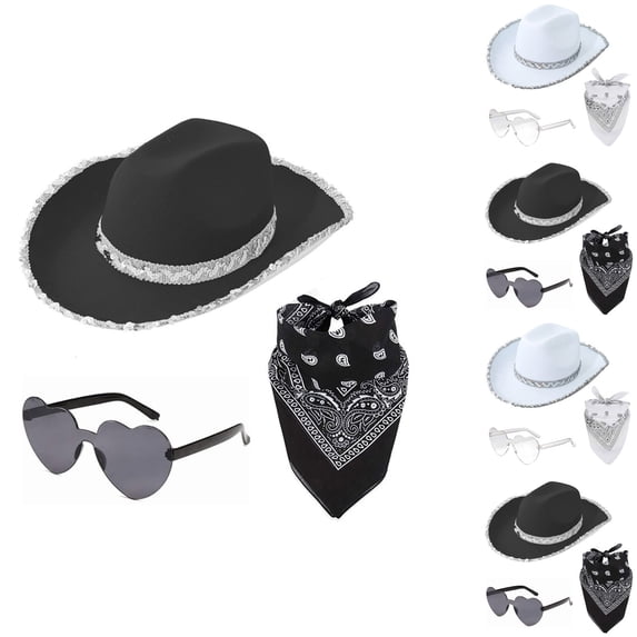 LILIYA Cowgirl Hat with Glasses & Bandana,3 Piece Set Cowboy Hat for Women, Wide Brim Western Sequins Hats Shapeable Jazz Cap for Cowboy Cowgirl