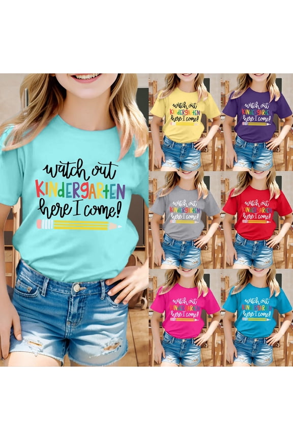 First Day Of School Shirt Kids Girl Kindergarten Here I Come Fashion Short Sleeve Cotton T-Shirt Toddler Girl Summer Clothes