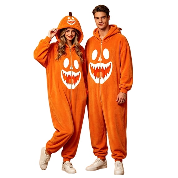 LILIYA Halloween Onesie, Pumpkin Print Jumpsuit for Adults, Cozy Hooded Sleepwear with Pockets, Loose Relaxed Fit 1-Piece Bodysuit, Warm Holiday Loungewear