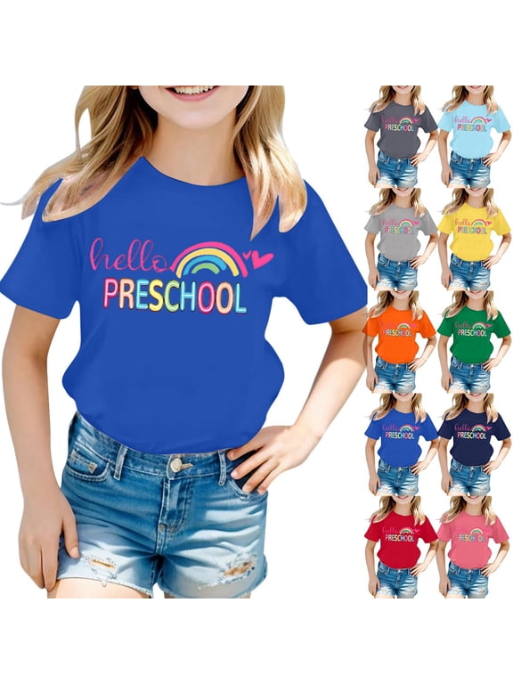 Girls My 1st Day of Kindergarten Tee Cute Apple School Bus Print Short Sleeve Casual Top Lightweight Daily Outfit Back To School Graphic Tee for Girls