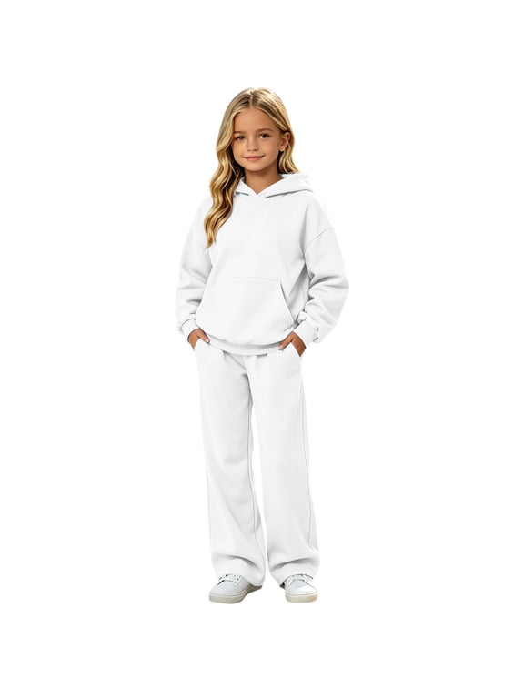 Girls Sweatsuit Fashion 2 Piece Hoodie and Sweatpants Set Girls Athletic Sets Hooded Sweatshirts and Wide Leg Joggers Warm Tracksuit Fall Winter Back to School Clothes with Pockets