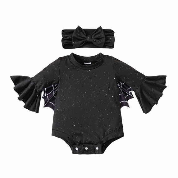 LILIYA Halloween Bat Long Sleeve Romper for Girls, Bodysuit with Headband, Soft Stretchy Jumpsuit for Party and Everyday Wear 3-6 Months