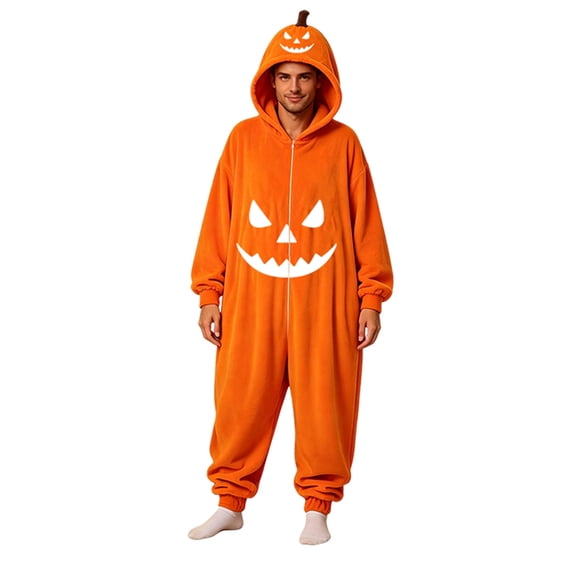 LILIYA Halloween Hooded Onesie, Warm Adult Jumpsuit, Plush Long Sleeve Loungewear for Couples, Comfy Bodysuit with Front Pockets, Soft One-Piece Pajamas