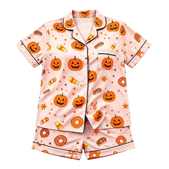 LILIYA Halloween Loungewear, Short Sleeve Button Down Shirt and Shorts, Cute Funny Pumpkin Ghost Print Pajamas, Cozy Sleepwear Set, 2026 Fall Home Outfit 16-