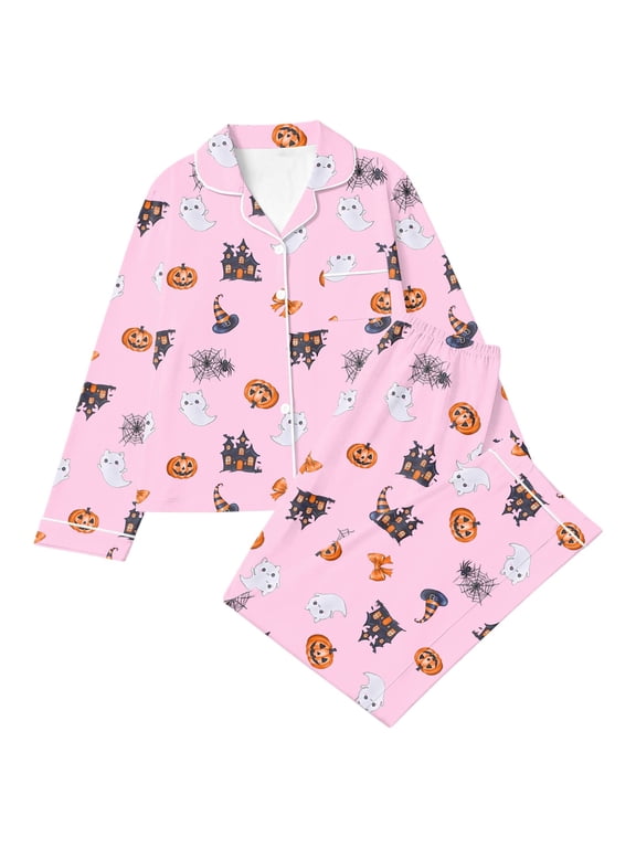 Halloween Pajama Outfit for Girls, Short Sleeve Button Down Top and Shorts, Cute Funny Pumpkin Ghost Print Sleepwear, Cozy Loungewear, 2026 Trendy Homewear 3-4 Years