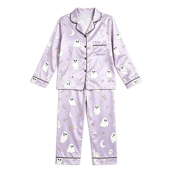 LILIYA Halloween Pajamas Pumpkin Ghost Pajama Set Soft & Cute Long Sleeve Button Down Shirt Pants Fall 2 Piece Satin Pjs 2026 15-16 Years