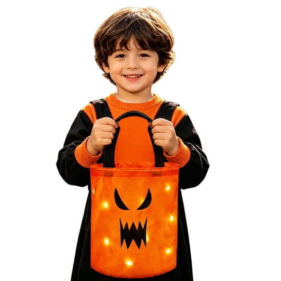 LILIYA Halloween Pumpkin Candy Bucket, Double Handle Light Up Tote Bag, Spooky Festival Gift Basket, LED Glow Trick or Treat Pouch, Holiday Party Favor Carrier