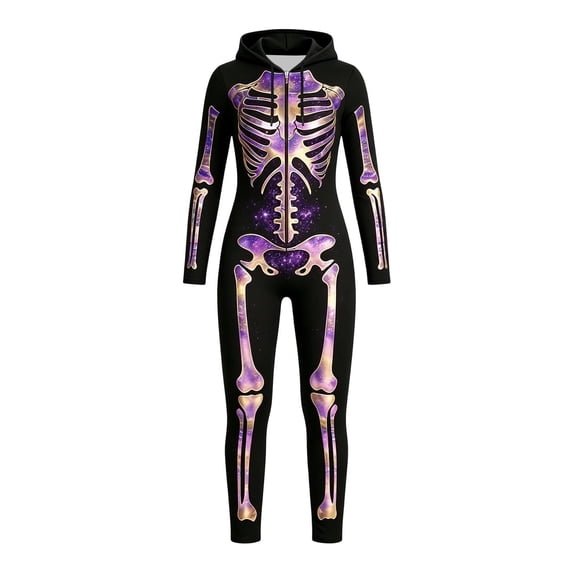 LILIYA Halloween Skeleton Onesie for Women - Easy Adult Couples Onesie Jumpsuit Long Sleeve Hooded Loungewear for Parties and Photoshoots