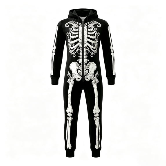 LILIYA Halloween Skeleton Onesie for Women - Easy Adult Couples Onesie Jumpsuit Long Sleeve Hooded Loungewear for Parties and Photoshoots