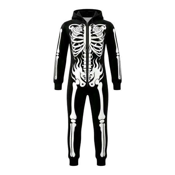 LILIYA Halloween Skeleton Onesie for Women - Easy Adult Couples Onesie Jumpsuit Long Sleeve Hooded Loungewear for Parties and Photoshoots