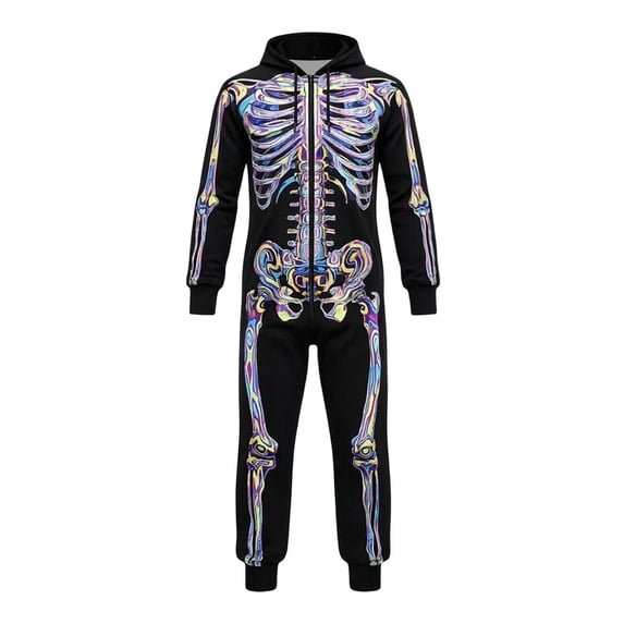 LILIYA Halloween Skeleton Onesie for Women - Easy Adult Couples Onesie Jumpsuit Long Sleeve Hooded Loungewear for Parties and Photoshoots