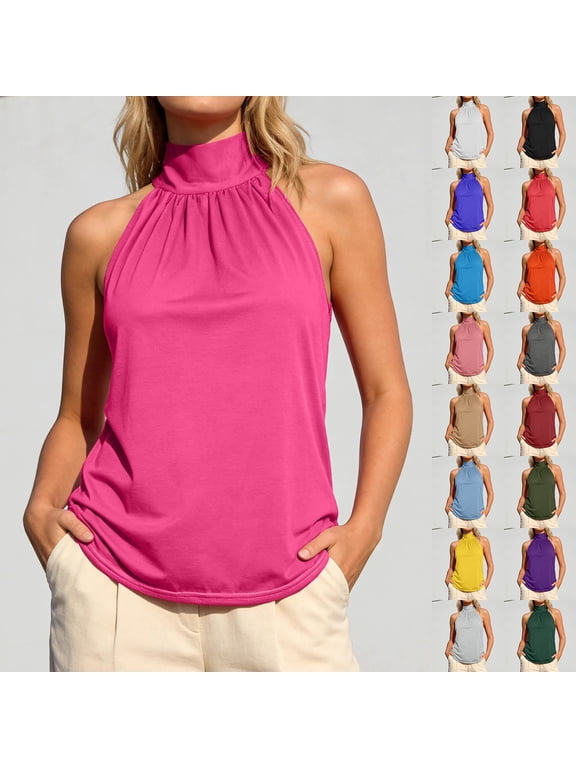 High Neck Tank Tops for Women Soft Solid Color Womens Summer Tank Tops Adjustable Soft Scoop Neck High Strechy Sleeveless Womens Camisole Shirt Vacation Fashion Outfit Clothes