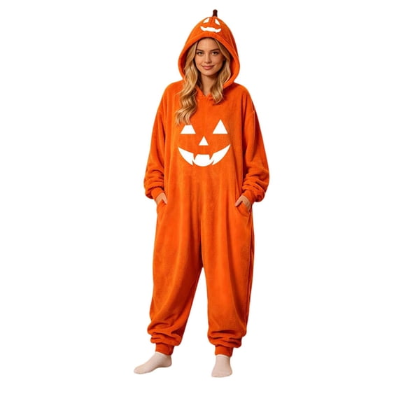 LILIYA Hooded Halloween Jumpsuit, Plush Adult Onesie, Unisex Loungewear for Couples Party, Long Sleeve Bodysuit with Front Pockets, Warm Cozy One-Piece Pajamas