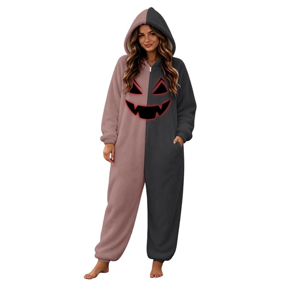 LILIYA Hooded Halloween Onesie, Color Block Jumpsuit for Adults, Plush Loungewear with Deep Pockets, Relaxed Fit 1-Piece Bodysuit, Cozy Holiday Sleepwear for Couples