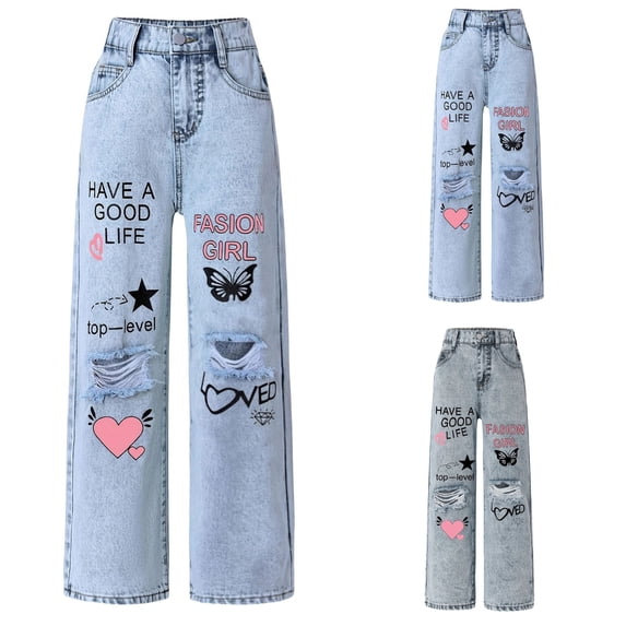 LILIYA Jeans for Girls Baggy Wide Leg Cute Denim Pants Elastic Waist Light Washed Loose Fit,Tweens Back to School Outfits,Trendy Y2K Streetwear 10-11 Years