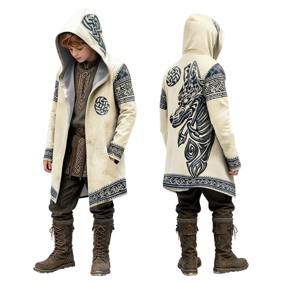 LILIYA Norse Hooded Cloak Coat for Boys, Viking Mythology Mid Length Jacket, Graphic Print Cardigan, Warm Fall Winter Overcoat for Halloween Party Wear 4-5 Years