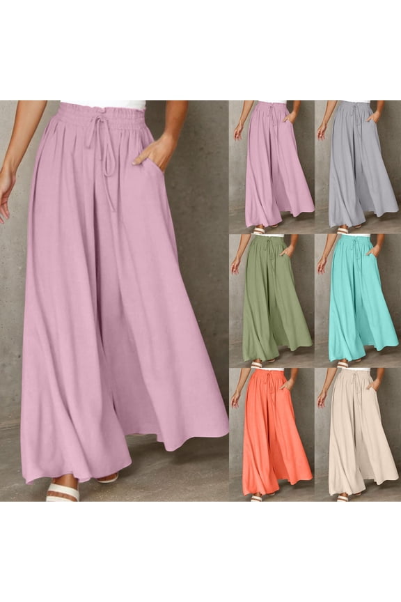 Pants for Women Wide Leg Pant Summer Casual Palazzo Flowy Boho Beach Pants with Pocket Drawstring Loose Lightweight Breathable Soft Pants 2026