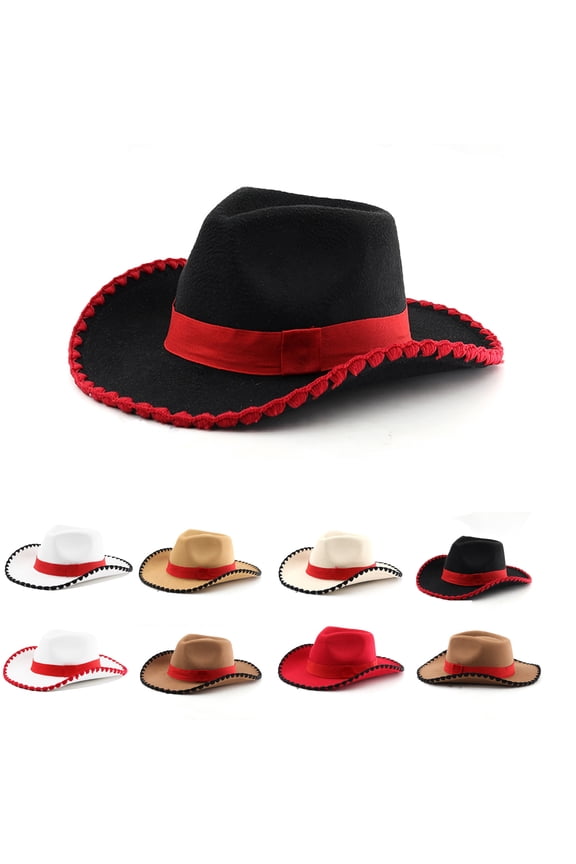 Retro Wide Brim Cowboy Hat with Bull Head Belt & Stitched Brim for Women Men Classic Red Ribbon Western Cowboy Jazz Cap