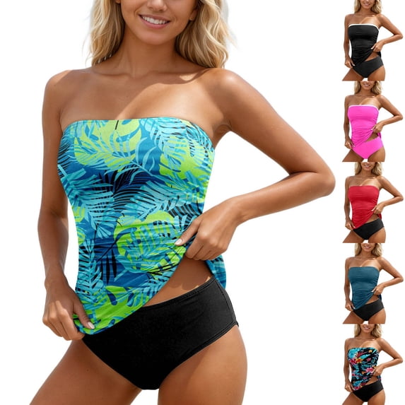 LILIYA Strapless Swimsuits for Women Two Piece Bathing Suits Plus Size Floral Print Ruched Tummy Control Tankini Sets Beach Swimming Swimwear