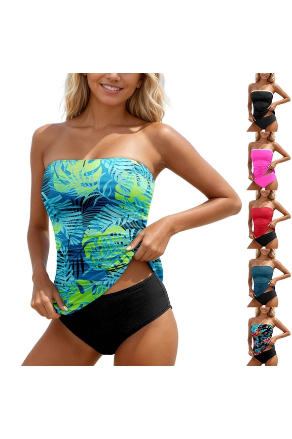 Strapless Swimsuits for Women Two Piece Bathing Suits Plus Size Floral Print Ruched Tummy Control Tankini Sets Beach Swimming Swimwear