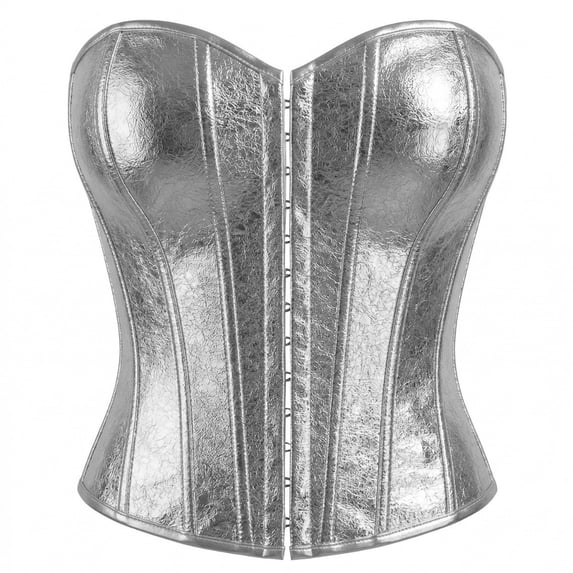 LILIYA Structured Corset Tops for Women, Silver Metallic Front Closure Overbust Bustier, Shiny Waist Cincher Bodysuit for Halloween Party and Festive Events, Elegant Corset Top