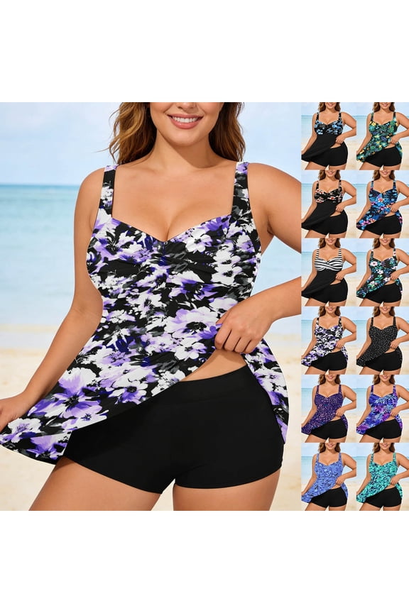 Tankini Swimsuits for Women Tummy Control Bathing Suits Two Piece Tankini Tops with Bikini Bottoms Loose Fit Plus Size Swimwear with Supportive Underwire and Adjustable Straps
