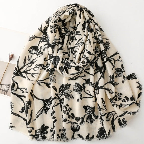 LILIYA Travel Boho Scarf for Women Casual Lightweight Scarves Ethnic Style Fashion Multicolor Shawl Wraps Floral Botanical Pattern Scarf with Fringed Beads