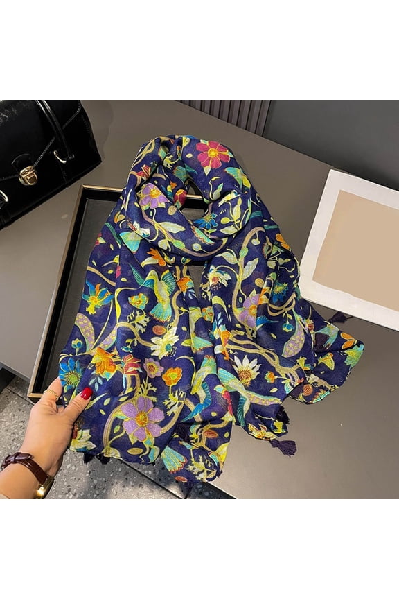 Travel Boho Scarf for Women Casual Lightweight Scarves Ethnic Style Fashion Multicolor Shawl Wraps Floral Botanical Pattern Scarf with Fringed Beads