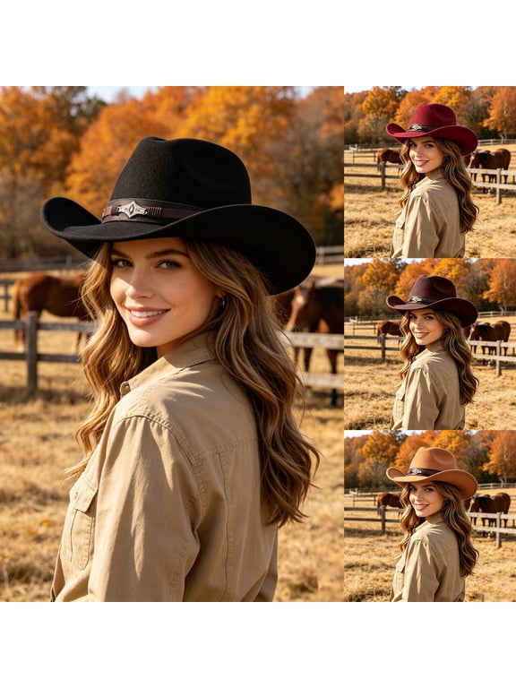 Womens Western Cowboy Hat, Classic Wide Brim Breathable Beach Cowgirl Headwear with Decorative Band, Lightweight Sun Protection Summer Hat