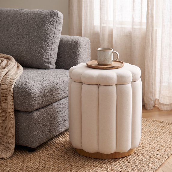 Better Homes & Gardens Lillian Velvet Tufted Storage Ottoman, Cream