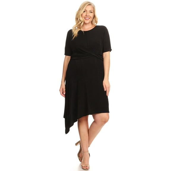 LILLIAN Plus Size Midi Dress with Asymmetrical Hem and Short Sleeves in 2 Colors