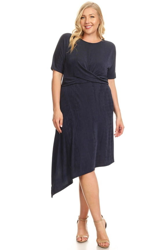 LILLIAN Plus Size Midi Dress with Asymmetrical Hem and Short Sleeves in 2 Colors