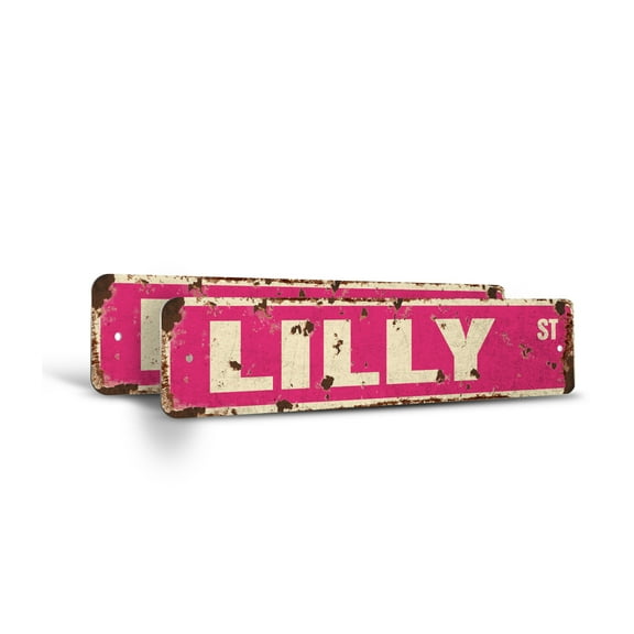 LILLY Vintage Style Rustic Street Sign – (2 Pack) Childrens Name Room Sign Retro Decorative Wall Sign for Home, Bar, Garage, or Outdoor Use | 4" X 18" Plastic Road Sign
