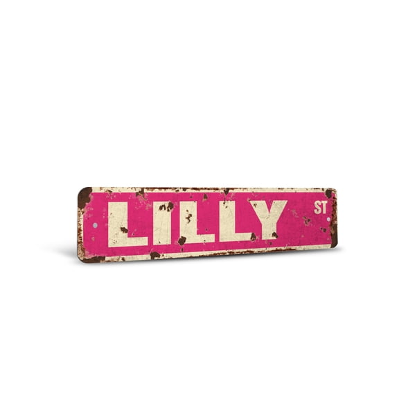 LILLY Vintage Style Rustic Street Sign – Childrens Name Room Sign Retro Decorative Wall Sign for Home, Bar, Garage, or Outdoor Use | 4" X 18" Plastic Road Sign