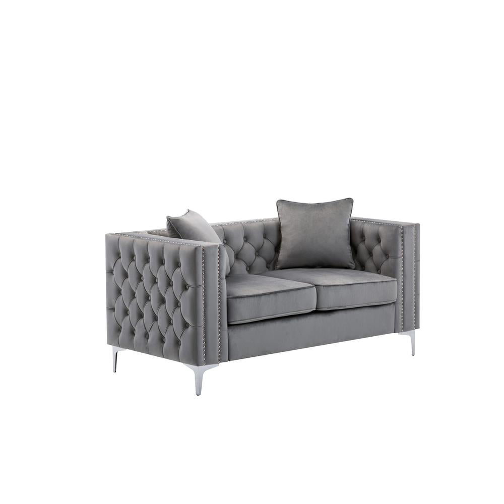 Elegant 63'' Gray Velvet Tufted Loveseat with Nailhead Trim