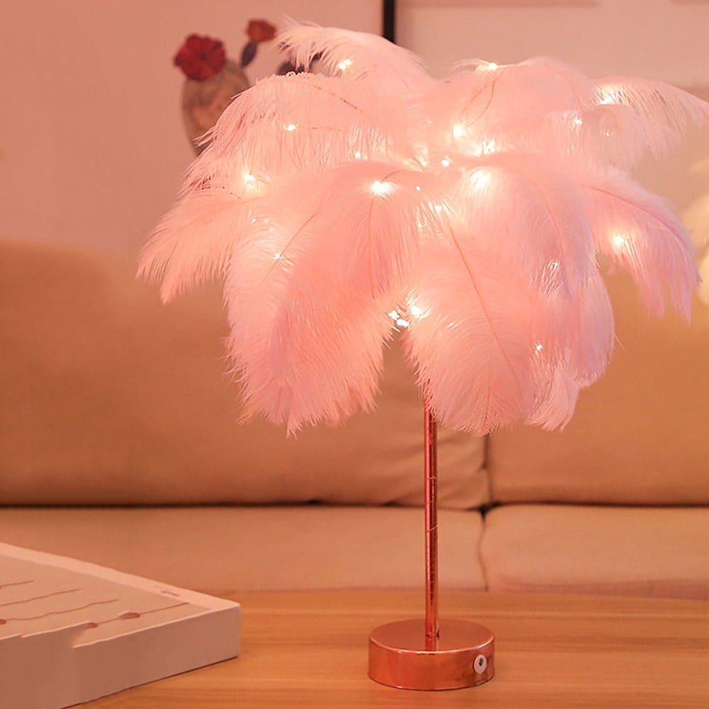 LILSHIM Remote Control Feather Tree Lights Bedside Bedroom Decor Table Lamp Pink