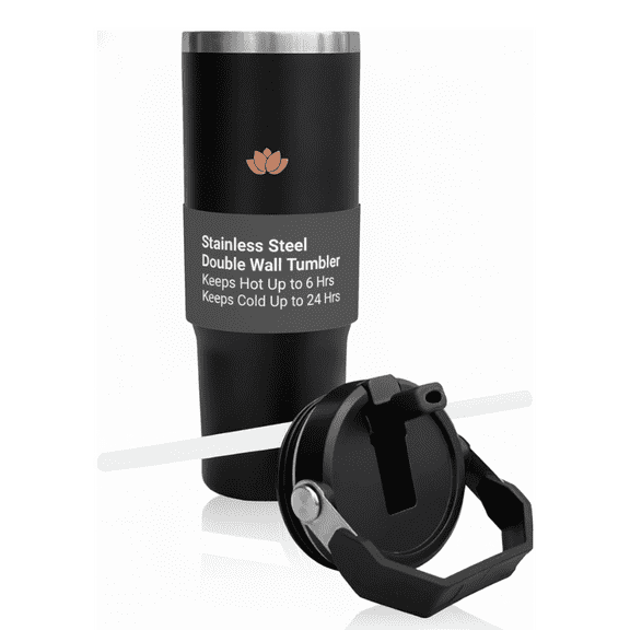 LILY 30 Oz Tumbler with Straw, Travel Mug with Straw, Stainless Steel Double Wall Mug with Slide Lid and Insulated Water Bottle, Leak-Proof Coffee Cup, Office and Beverages (Black)