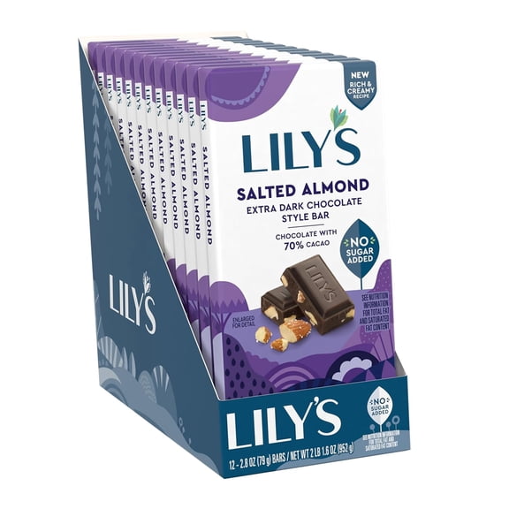 LILY'S Salted Almond Extra Dark Chocolate Style No Sugar Added, Sweets Bars, 2.8 oz (4 Count)
