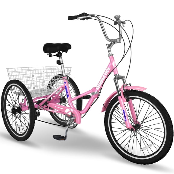 LILYPELLE 20" 3 Wheel Bike for Adults Folding Tricycle 7 Speed Adult Trike Low-Step Through for Seniors with 350lbs Load Capacity,Pink