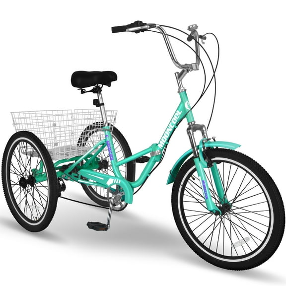 LILYPELLE 24" 3 Wheel Bike for Adults Folding Tricycle 7 Speed Adult Trike Low-Step Through for Seniors with 400lbs Load Capacity,Cyan