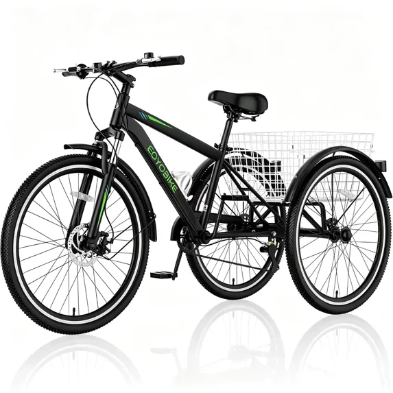 Lilypelle Adult Mountain Tricycle, 7 Speed 3 Wheel Bike, 24/26/27 Inch Adult Trikes w/ Front Suspension, All Terrain Tires, Large Rear Basket, Disc Brakes, Bottle Cage for Seniors, Women, Men