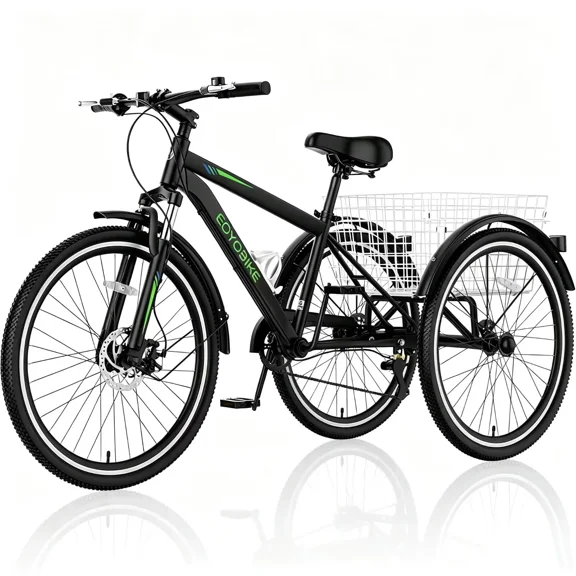 Lilypelle Adult Mountain Tricycle, 7 Speed 3 Wheel Bike, 24/26/27 Inch Adult Trikes w/ Front Suspension, All Terrain Tires, Large Rear Basket, Disc Brakes, Bottle Cage for Seniors, Women, Men